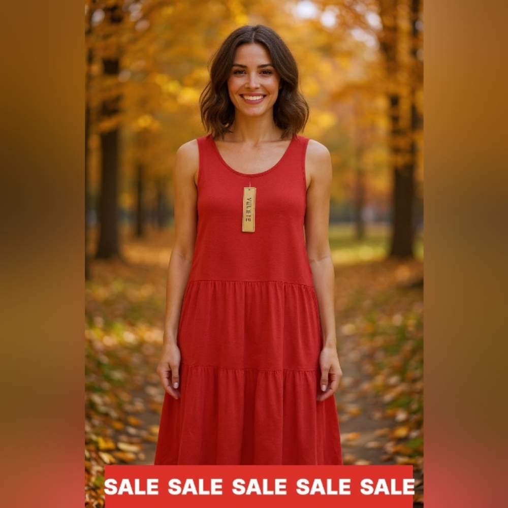 YELETE - NWT, Pink Tired  Sundress W/ Pockets Size-Large, 95% Rayon & 5% Spandex